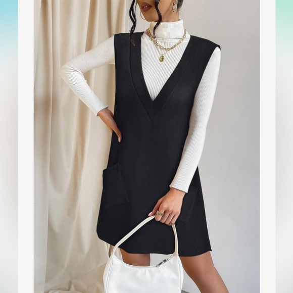 Vetior Black V Neck Pocketed Sweater Vest Mini Dress - Picture 4 of 15